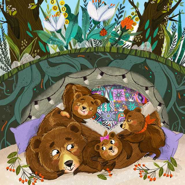 A family of bears is going to sleep in a cozy den, illustration by MarushaBelle