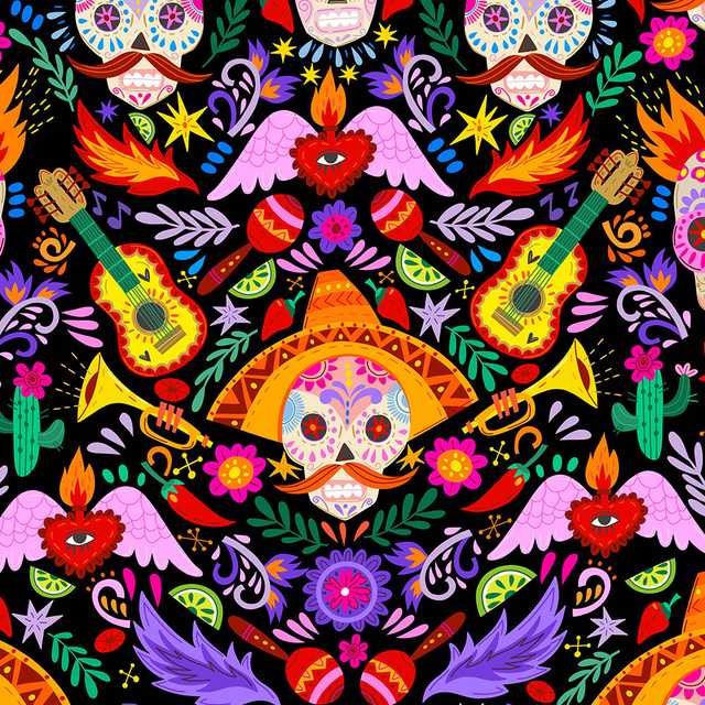 Pattern skulls guitars and flowers in mexican style, illustration by MarushaBelle