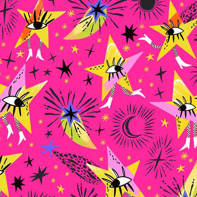 Pattern of the yellow stars with eyes and legs running on a pink background, illustration by MarushaBelle