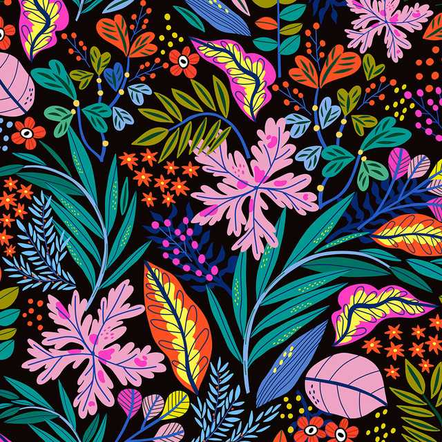 A vibrant pattern of stylized flowers and leaves on a dark background, illustration by MarushaBelle