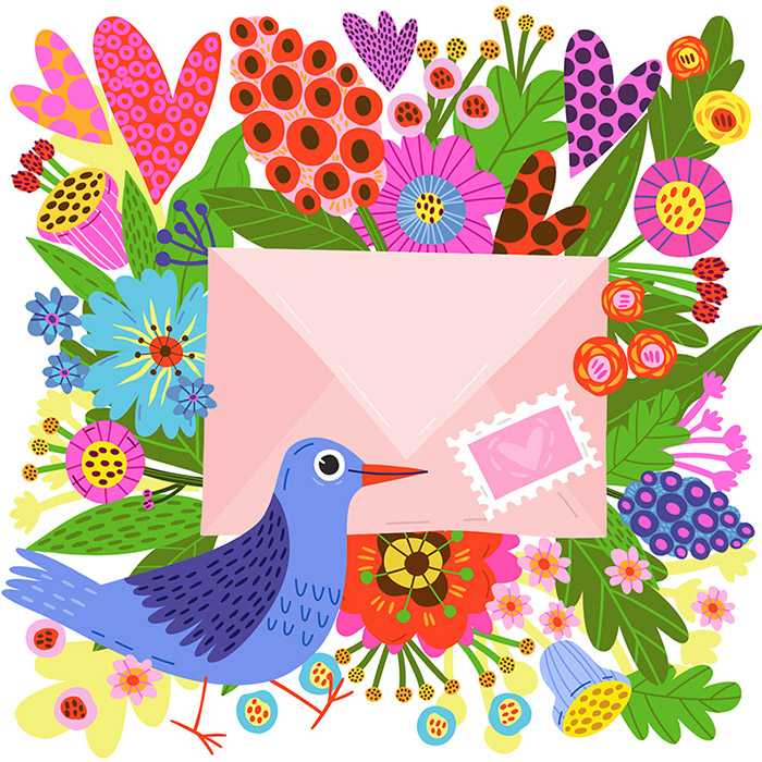 An envelope and a bird with flowers illustartion