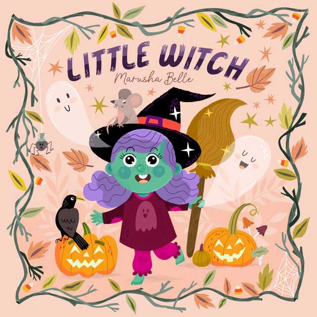 A young witch with green skin, a purple dress, and a black hat, holding a broom, surrounded by Halloween elements, illustration by MarushaBelle