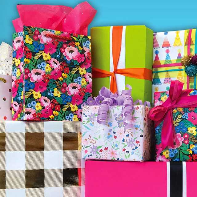Stack of gift boxes wrapped in vibrant floral, gingham, and party-themed patterned paper, illustration by MarushaBelle